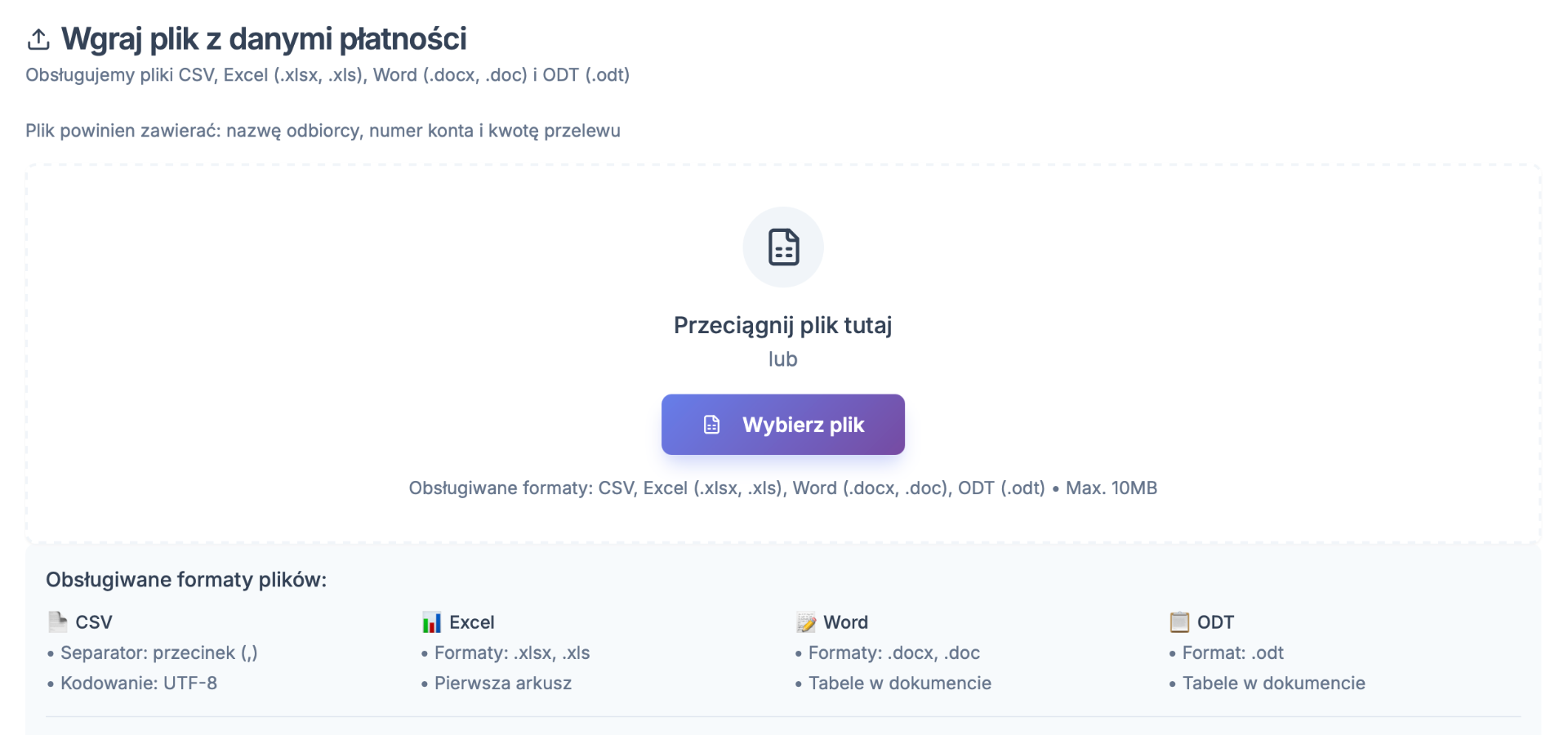 Ekran wgrywania plików CSV, Excel, Word i ODT